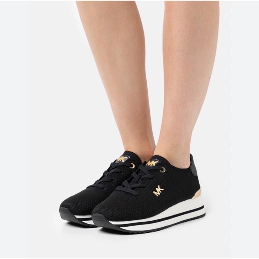 Michael Kors Felix Trainer Women 11 Black Gold Platform Wedge Knit Sneaker LS22B